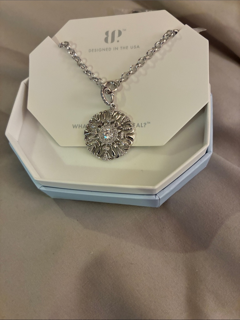 Silver Floral Pendant Necklace with Crystal Accent - Women's Jewelry